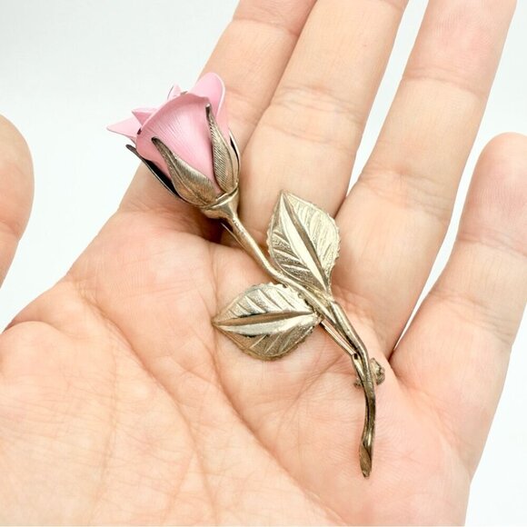 Vintage GIOVANNI Signed Silver Tone Pink Rose Stem Brooch - Picture 3 of 9
